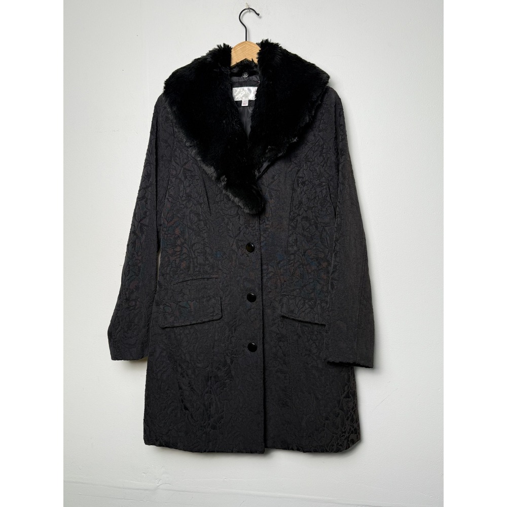 Tapestry Black Floral Coat Faux Fur Collar Size L Xhilaration